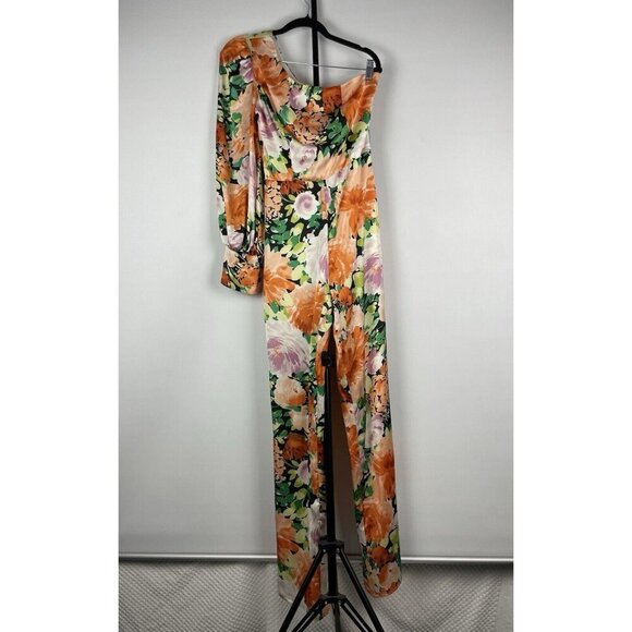 Lulu’s Lovin' It Orange Multi Floral Print Satin One-Shoulder Jumpsuit Size S - Picture 6 of 16